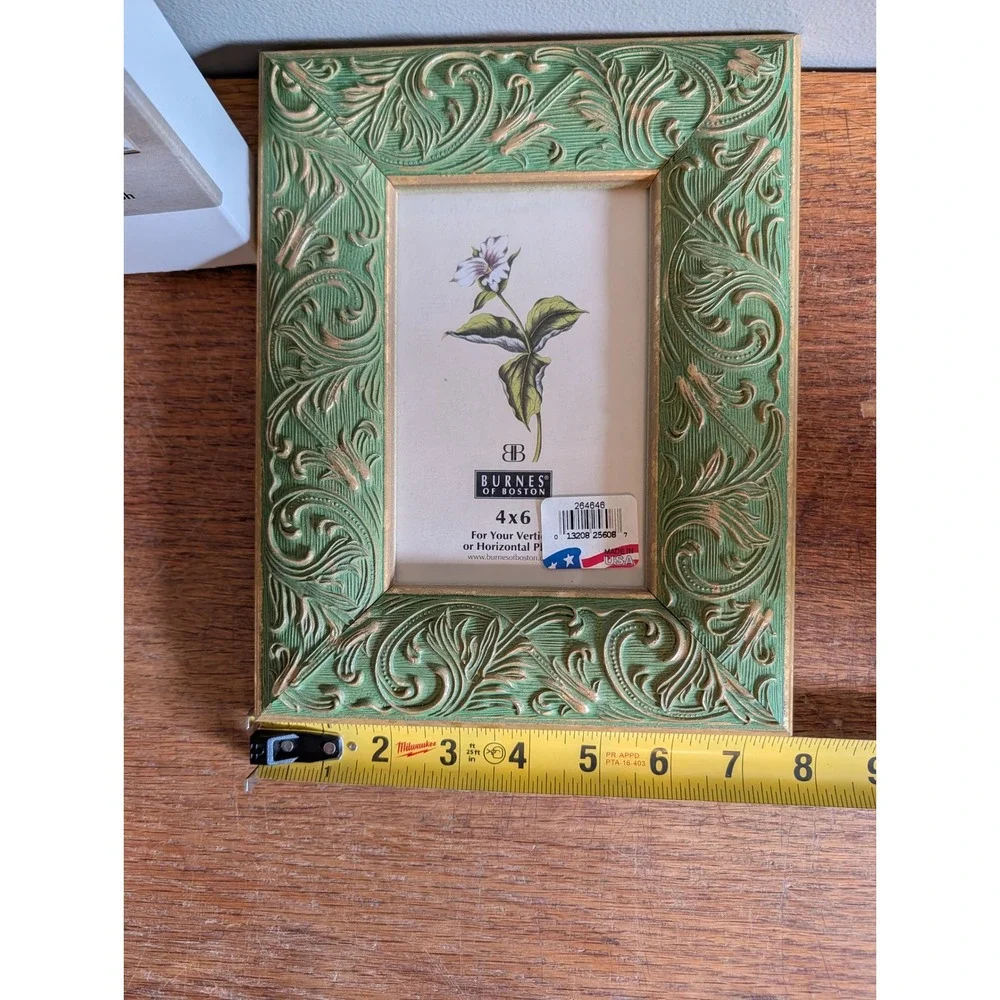 New in Box Vintage Burnes of Boston Gold Florentine Green Ornate 4x6 Frame